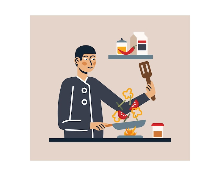 Vector hombre profesional con abrigo protector sosteniendo una sartén y fritando verduras