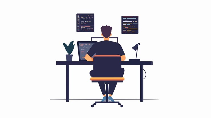 Vector hombre profesional independiente desarrollador de código de ti portátil de trabajo