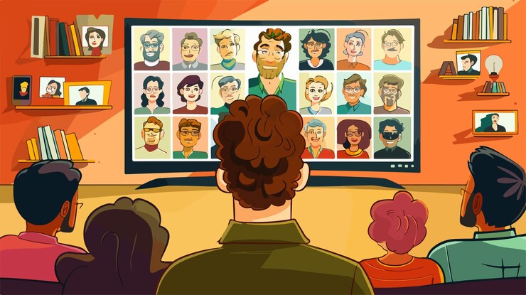 Vector hombre profesional mirando una pantalla grande en una videoconferencia