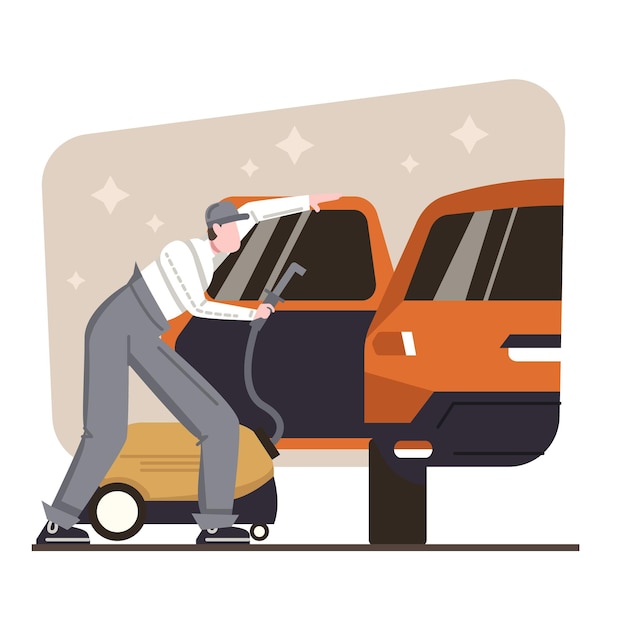 Hombre profesional sosteniendo una aspiradora parada cerca del auto con la puerta abierta y un salón de lavado