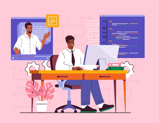 Hombre con programación joven con computadora en el lugar de trabajo programador y software especializado y