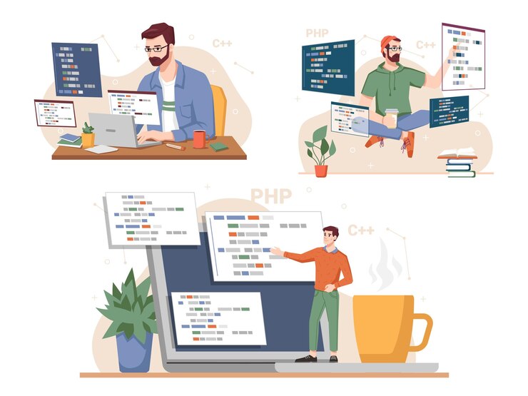 Vector hombre programando y codificando portátiles y gadgets