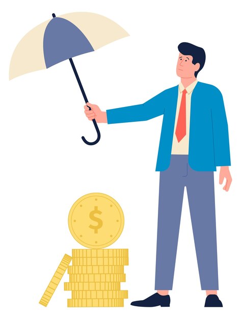 Hombre protegiendo monedas de oro de la lluvia Ahorro de dinero