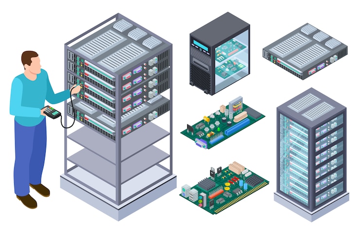 Vector el hombre prueba el equipo informático. probador de control de calidad, placas base y almacenamiento de datos colección isométrica vectorial