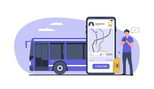 Vector un hombre que compra boletos de autobús en línea en el teléfono inteligente ilustración vectorial