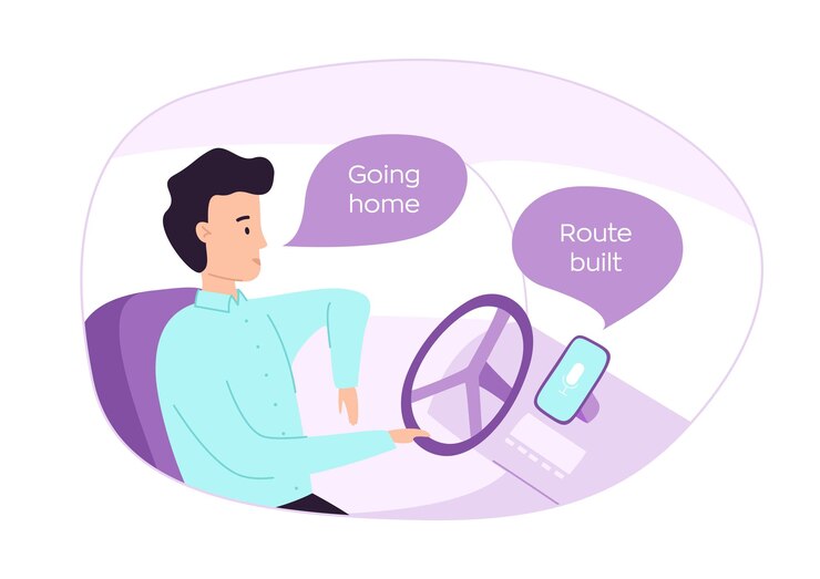 Vector un hombre que conduce un automóvil le pide al asistente de voz en el teléfono que obtenga indicaciones para llegar a la ilustración del vector de la casa concepto iot ilustración para publicidad