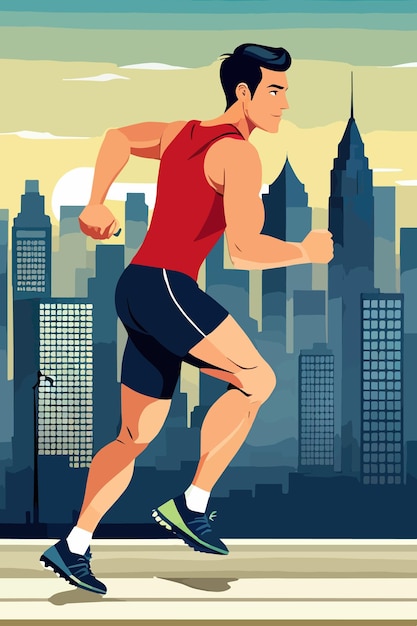 Vector hombre que corre en un deporte al aire libre con ilustración vectorial vertical de la vista de la ciudad