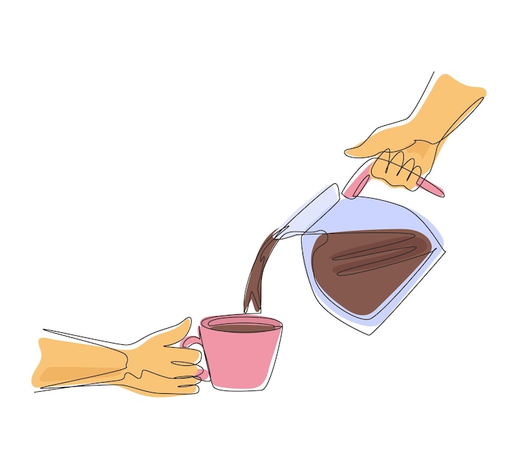 Vector el hombre que dibuja una línea continua está vertiendo café negro caliente de la cafetera en el vector de la taza.