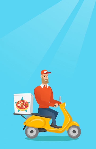 Vector hombre que entrega la pizza en la vespa.