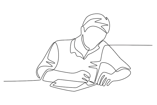 Un hombre que es entusiasta de hacer su tarea concepto de tarea dibujo en línea