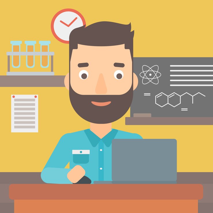 Vector hombre que estudia con la computadora portátil.