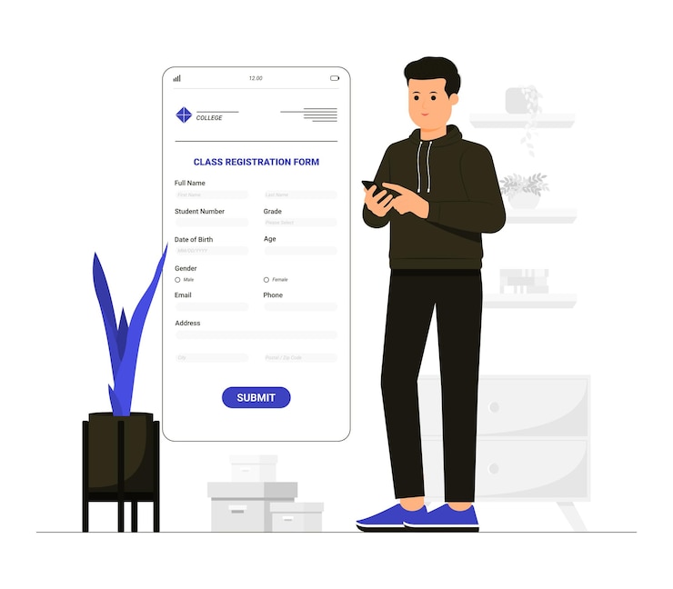 Vector un hombre que llena la ilustración del formulario de registro de clase