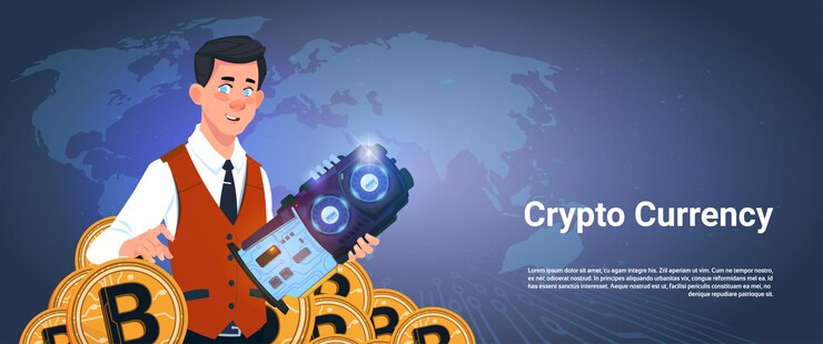 Vector hombre que lleva a cabo el microchip y bitcoin sobre concepto crypto de la moneda del fondo del mapa del mundo