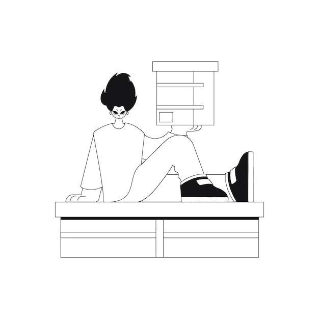 Hombre que lleva una caja en sus manos. Concepto de entrega. Diseño sencillo y plano. Imagen vectorial.