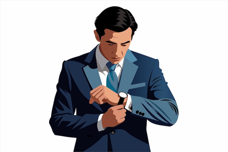 Vector un hombre que lleva un reloj que dice "la hora"