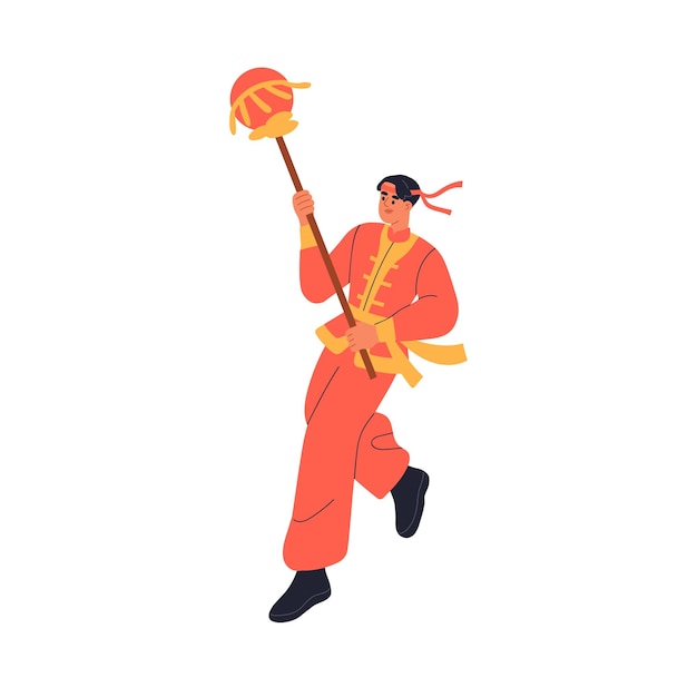 Hombre que lleva el símbolo festivo tradicional en la decoración del poste para la ceremonia de celebración del Año Nuevo Chino Persona que celebra la fiesta nacional asiática Ilustración vectorial plana aislada sobre fondo blanco