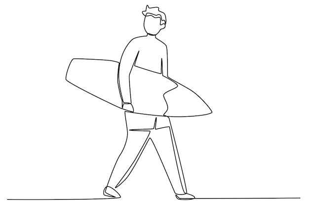 Un hombre que lleva una tabla de surf en la playa Dibujo de una línea de surf