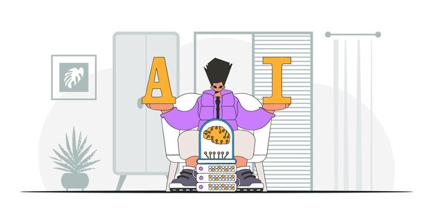 Un hombre que muestra una moderna ilustración vectorial de un cerebro de IA.
