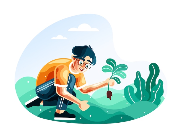 Hombre que planta plantas para la ilustración de la reforestación con un nuevo estilo de vector de dibujos animados