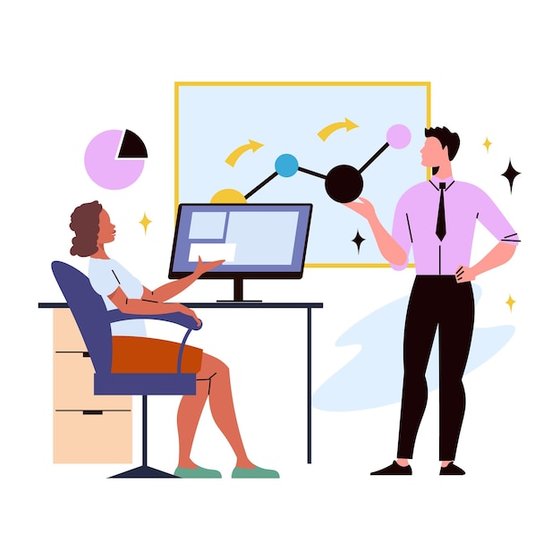 Un hombre que presenta un gráfico de ventas a otro hombre de negocios y mujer de negocios que trabajan juntos en la oficina