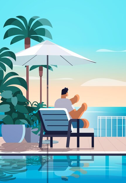 Vector hombre que se relaja en la piscina de la playa del hotel resort de lujo tropical y la zona de estar junto a la piscina concepto de vacaciones de verano ilustración vectorial vertical de fondo junto al mar