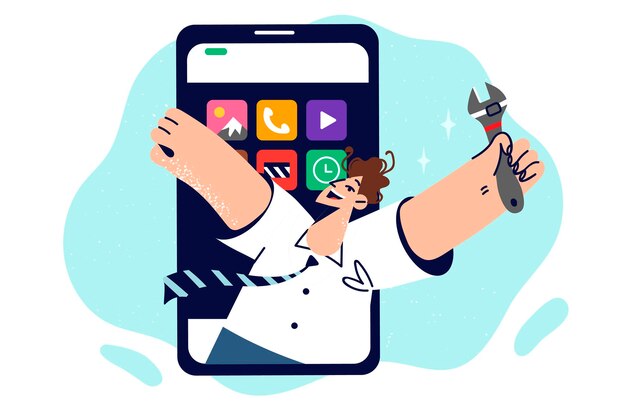 Hombre que repara teléfonos móviles sostiene la llave y ofrece ir al centro de servicio para restaurar el teléfono inteligente