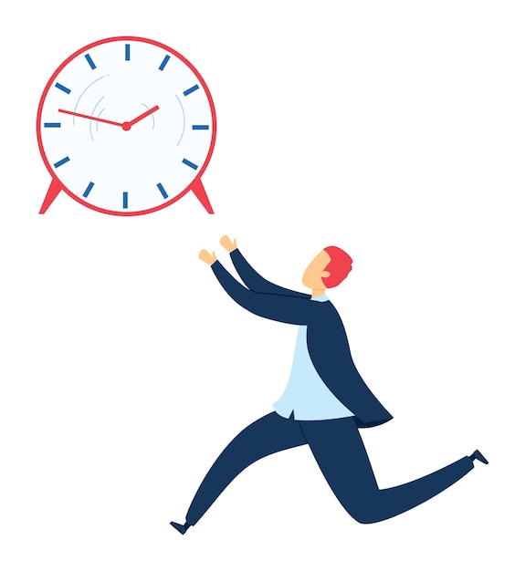 Hombre que se retrasó persiguió el tiempo alarma gigante hombre de negocios apresurando la fecha límite pánico estilo dibujos animados