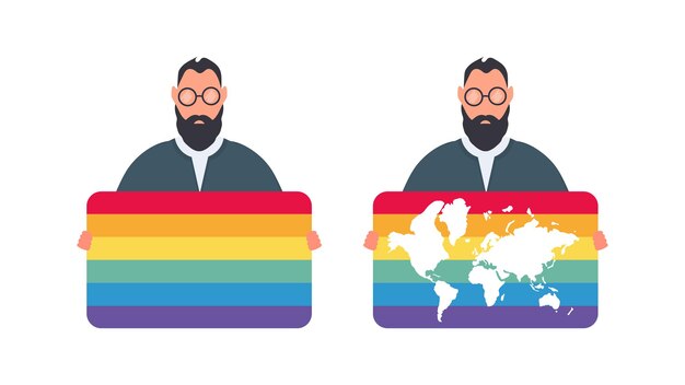 Un hombre que sostiene una bandera lgbt. el chico sostiene una pancarta con color lgbt. vector.