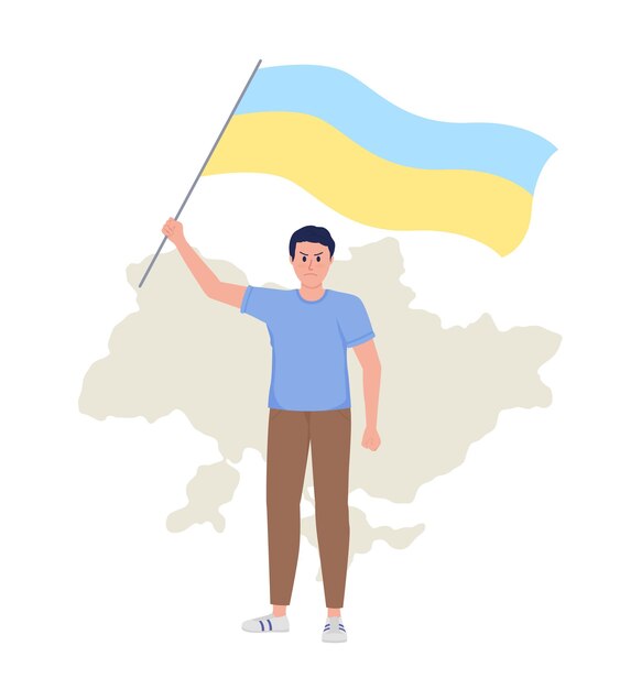 Hombre que sostiene la bandera ucraniana 2D vector ilustración aislada Pelea y protesta personaje plano en el fondo de dibujos animados Escena colorida activista para la presentación del sitio web móvil