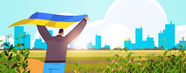 Hombre que sostiene la bandera ucraniana al aire libre orar por la paz de ucrania salvar a ucrania de rusia detener la guerra concepto paisaje urbano fondo horizontal vector ilustración