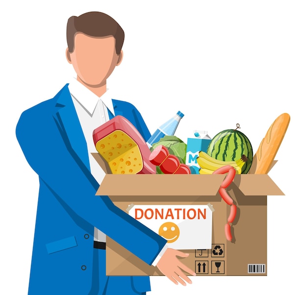 Hombre que sostiene la caja de cartón llena de comida. artículos necesarios para donación. productos de agua, pan, carne, leche, frutas y verduras. banco de recolección de alimentos, caridad, concepto de acción de gracias. ilustración vectorial plana