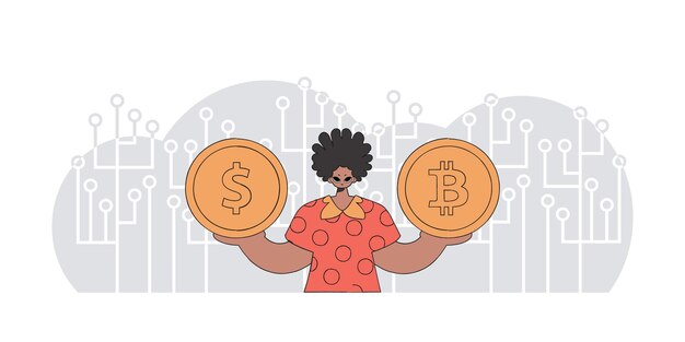 Hombre que sostiene el concepto de criptomoneda bitcoin y dólar
