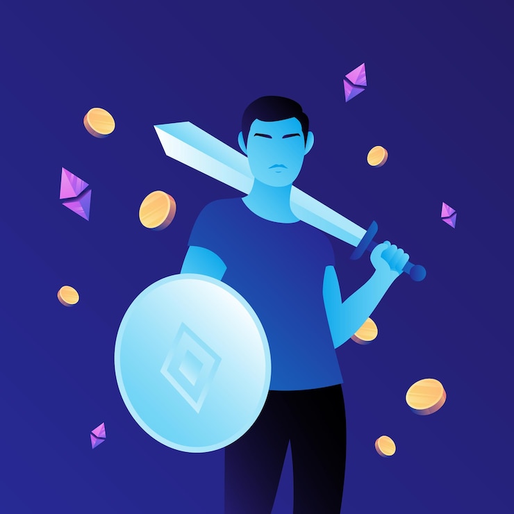 Vector un hombre que sostiene la espada y el escudo p2e crypto games illustration crypto rpg juego en línea
