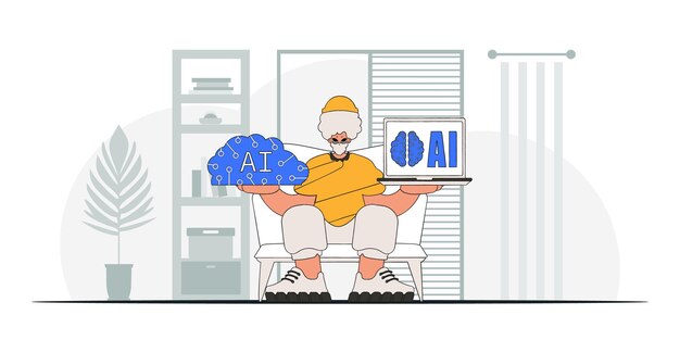 Hombre que sostiene el estilo de moda del cerebro AI, ilustración vectorial.
