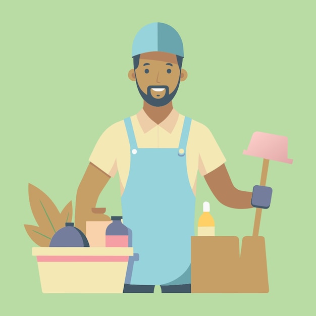 hombre que sostiene limpieza suppies ilustración vectorial plano 2