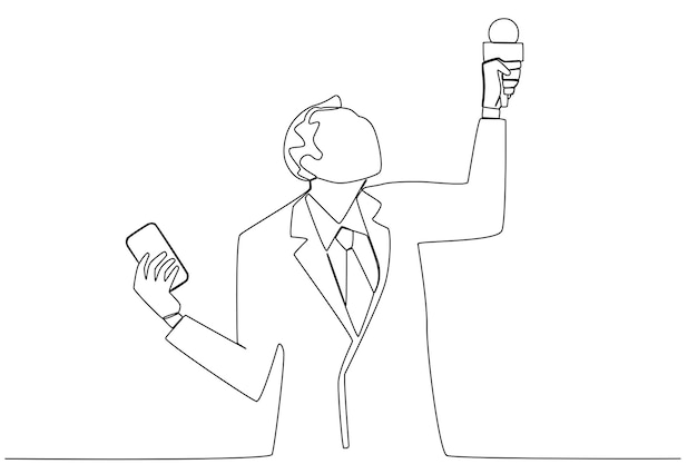 Un hombre que sostiene un micrófono con un teléfono celular Dibujo de una línea del día mundial de la prensa
