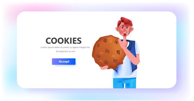 Vector hombre que sostiene la protección de cookies de la información personal en la ventana emergente de la web de internet usamos la notificación de la política de cookies