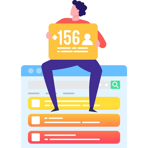 Hombre que sostiene un seguidor de suscriptor de redes sociales aumenta las estadísticas muestra un icono vectorial aislado en fondo blanco