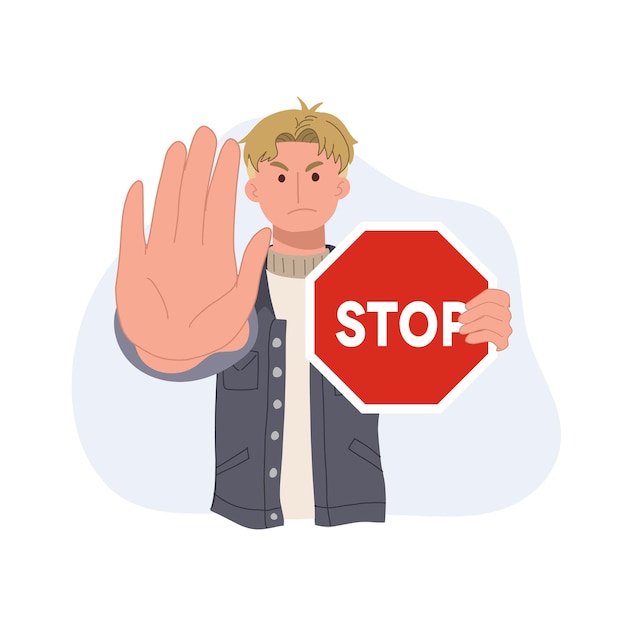 Un hombre que sostiene la señal de tráfico de parada roja Ilustración de vector plano de concepto de protesta y lucha