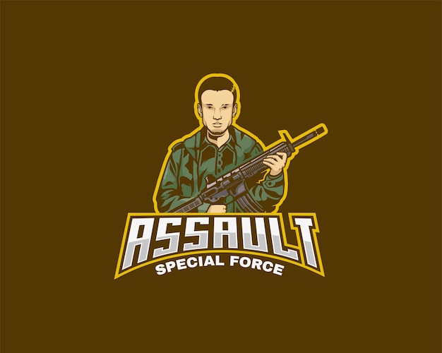 un hombre que sostiene una serpentina del logotipo del personaje del rifle de asalto o una plantilla de diseño del logotipo del equipo de deportes