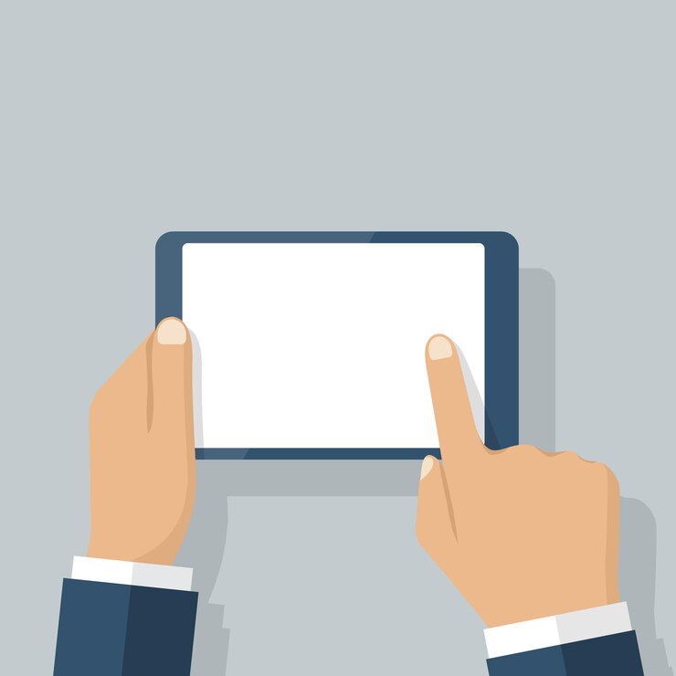 Vector hombre que sostiene la tableta en las manos en blanco pantalla táctil dedo toca pantalla banner web aplicación móvil vector enfermo