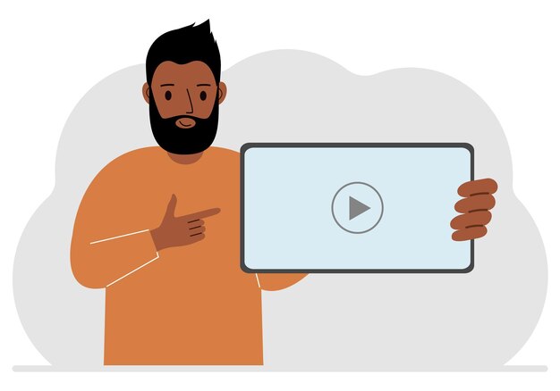 Hombre que sostiene la tableta con el reproductor de vídeo Concepto de marketing en estilo plano Vector ilustración plana