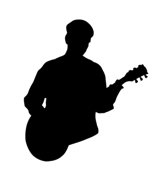 Hombre que toca la guitarra vector silueta simple sombra forma icono negro plano aislado en blanco backround elemento de diseño de logotipo concepto de hobby de música rock