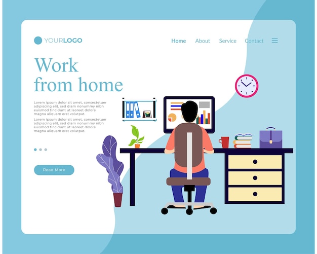 Vector hombre que trabaja en casa freelancer hombre que trabaja en la computadora desde el sitio web de la página de destino de su oficina en casa