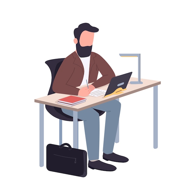 Hombre que trabaja en casa personaje sin rostro de color plano. Profesor de escuela sentado en el escritorio aislado ilustración de dibujos animados para diseño gráfico web y animación. Educación remota, clases en línea, seminario web
