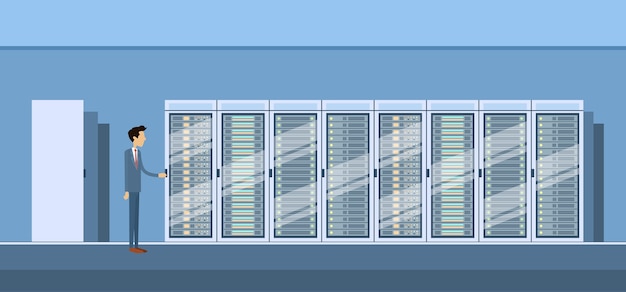 Vector hombre que trabaja en un centro de base de datos