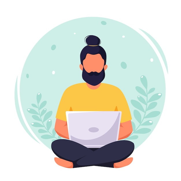 Hombre que trabaja en la computadora portátil, autónomo, trabajo remoto, estudio en línea, trabajo desde casa