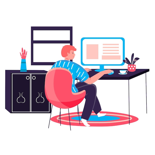 Hombre que trabaja en el concepto de oficina en casa. Freelancer trabaja en la computadora sentado en el escritorio. Lugar de trabajo independiente, trabajo remoto en la escena del personaje del proyecto. Ilustración de vector de diseño plano con actividades de personas