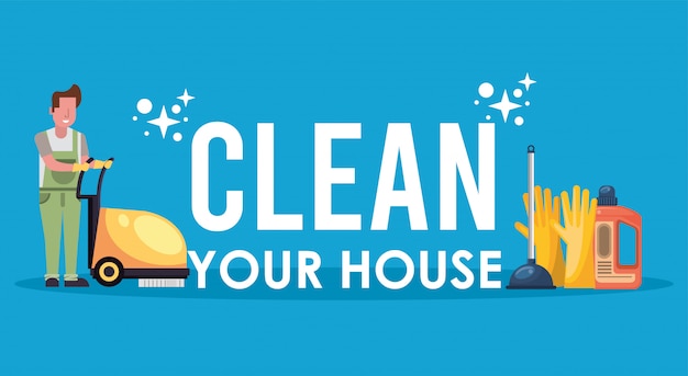 Vector el hombre que trabaja con herramientas de limpieza desinfecta tu casa