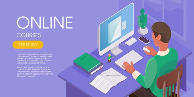 Hombre que trabaja en línea en la oficina en casa. Personaje sentado en un escritorio, mirando la pantalla de una computadora. Concepto de educación en Internet. Ilustración vectorial isométrica moderna.